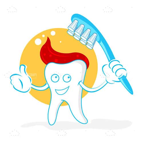 Happy Tooth in Cartoon Style with Toothpaste and Toothbrush